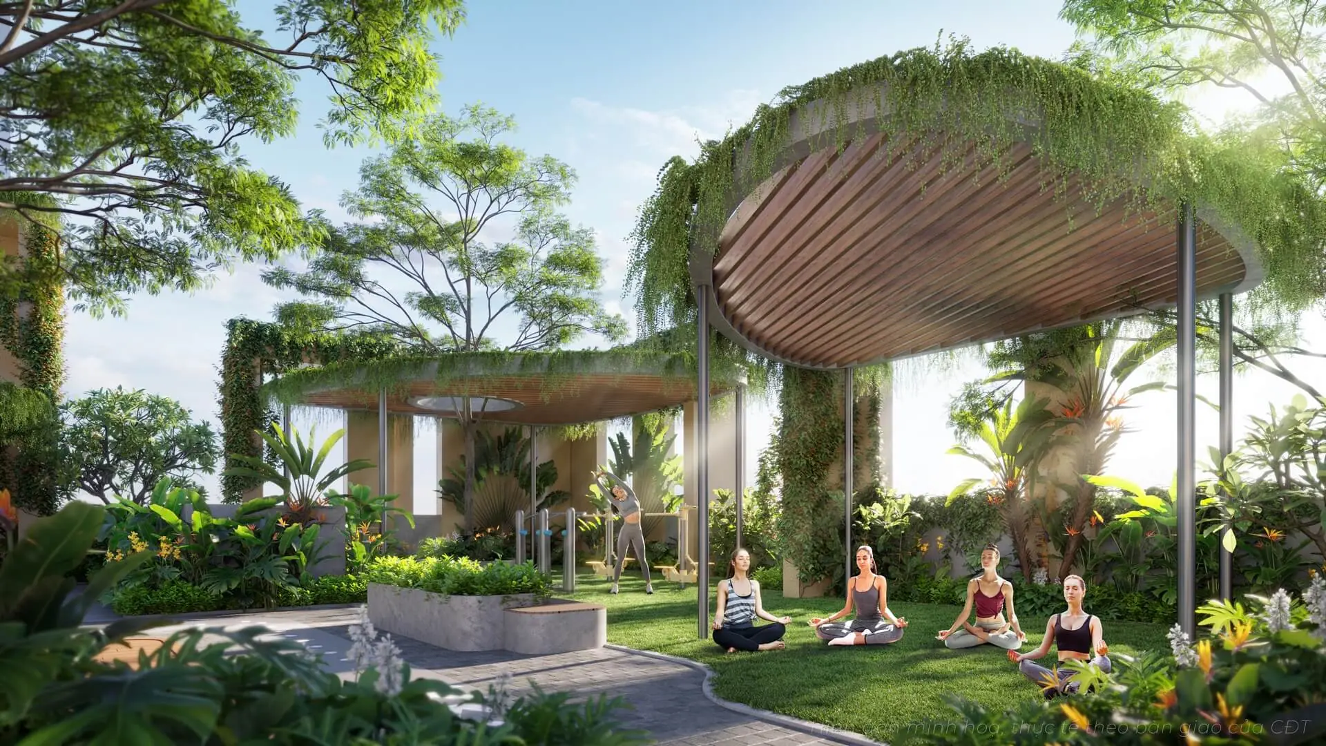 Khu tiện ích ngoài trời Fores Centerm với giàn pergola phủ cây xanh